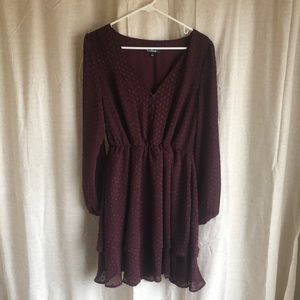 BURGUNDY SWISS DOT LONG SLEEVE SKATER DRESS
